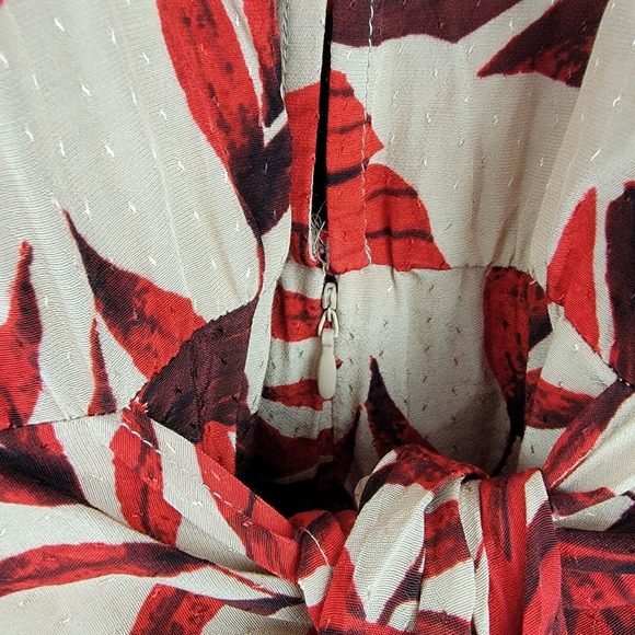 H&M Johanna Ortiz Dress Red Beige Floral Leaves Print Ruffles Short Sz L Open - Picture 3 of 8